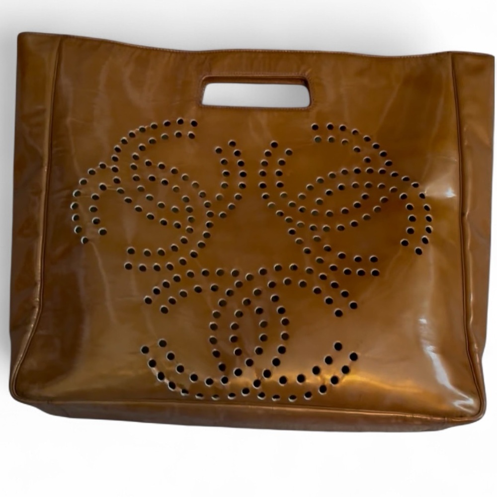 Chanel CC Logo Patent Leather Perforated Large Tote Bag Champagne Bronze w/ COA